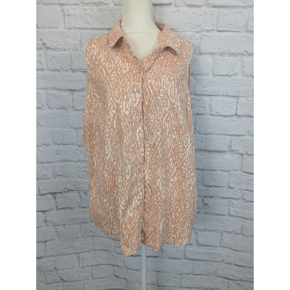 Eco Threads Linen Blend Button Up Sleeveless Blouse XL Dusty Coral Tunic‎